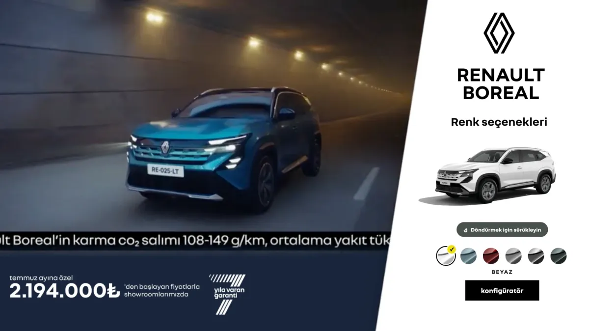 Renault Boreal video ad next to a 3D overlay with a rotatable car, six colour swatches and a configurator button