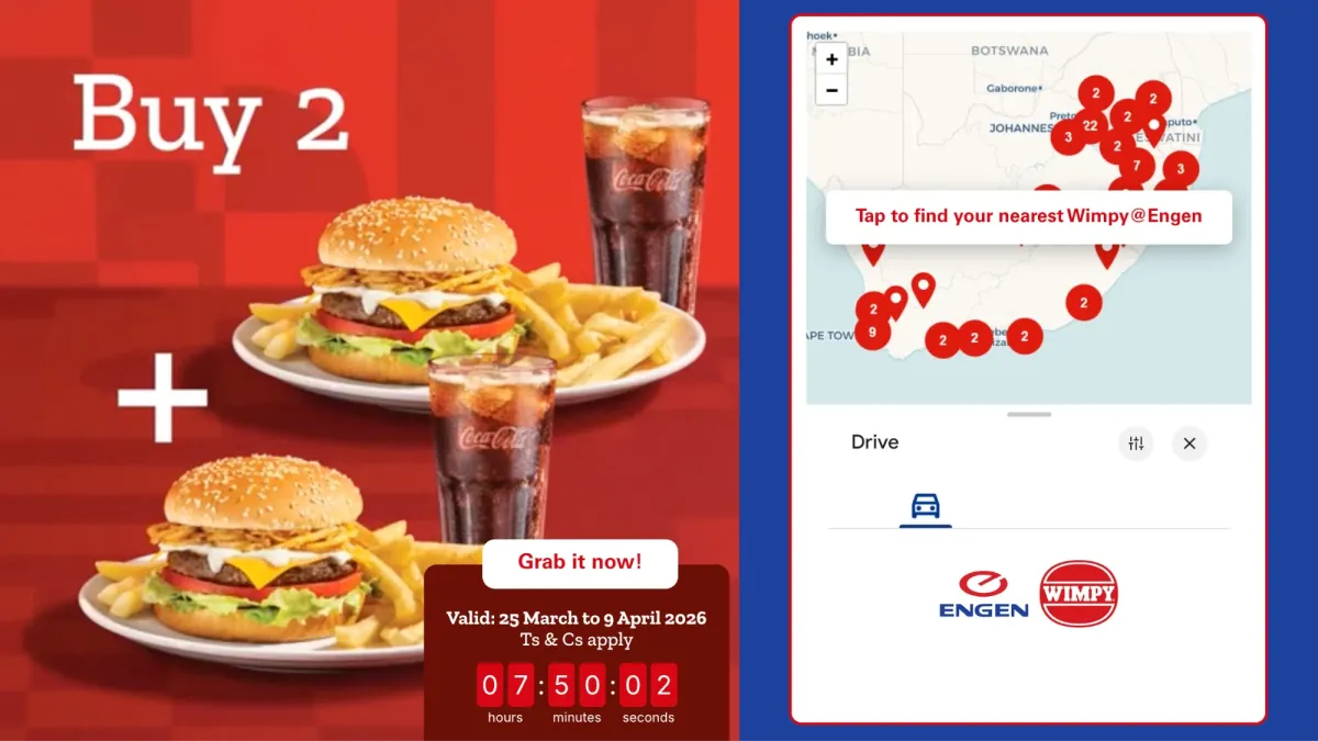 Wimpy at Engen video ad with a countdown overlay next to an interactive map of South African locations